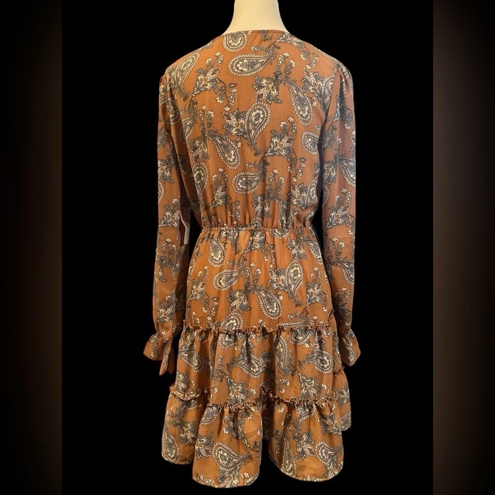 Inspired Hearts Long Sleeve Paisley Dress - Brown